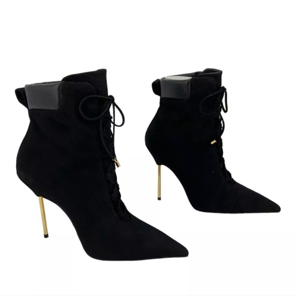 Good American Scandal Lace Up High Heel Booties Black Size 8 NWT $275 MSRP